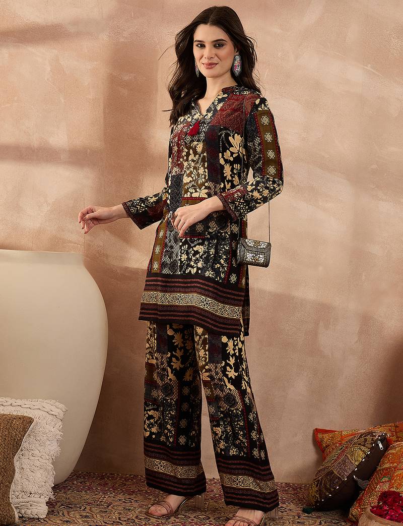 Women multi viscose rayon printed straight coord sets