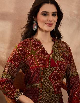Women red viscose rayon printed straight coord sets 2