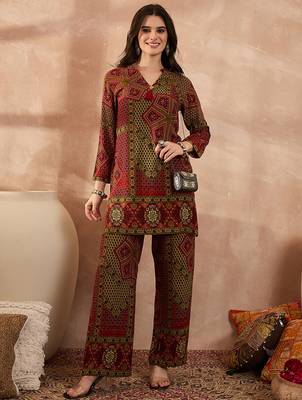 Women red viscose rayon printed straight coord sets 1