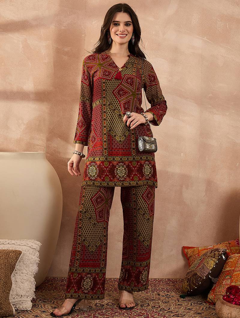 Women red viscose rayon printed straight coord sets