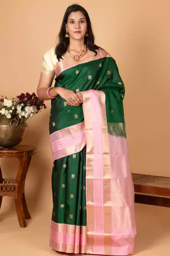 Bottle green and baby pink butta pure silk saree