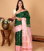 Bottle green and baby pink butta pure silk saree
