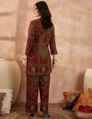 Women red viscose rayon printed straight coord sets 4