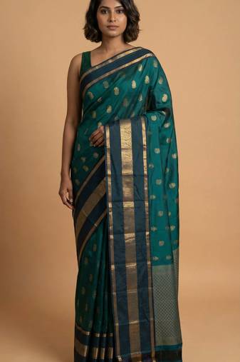 Peacock green traditional big border pure touch silk saree