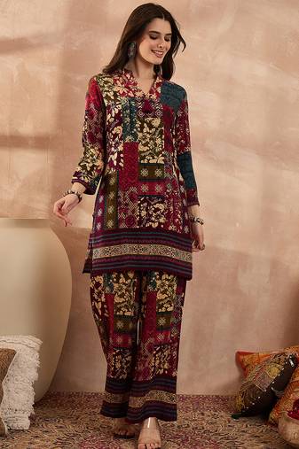 Women multi viscose rayon printed straight coord sets