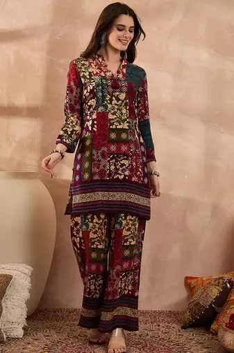 Women multi viscose rayon printed straight coord sets
