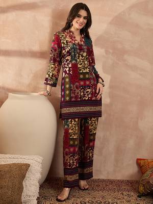 Women multi viscose rayon printed straight coord sets 3