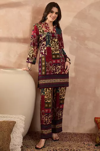 Women multi viscose rayon printed straight coord sets