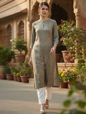 Women olive viscose rayon solid printed straight kurta 1