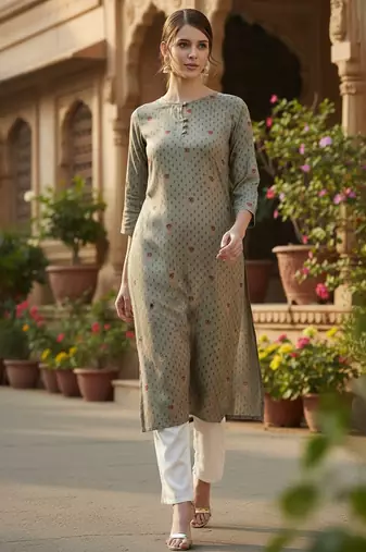 Women olive viscose rayon solid printed straight kurta
