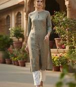 Women olive viscose rayon solid printed straight kurta