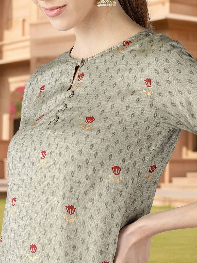 Women olive viscose rayon solid printed straight kurta