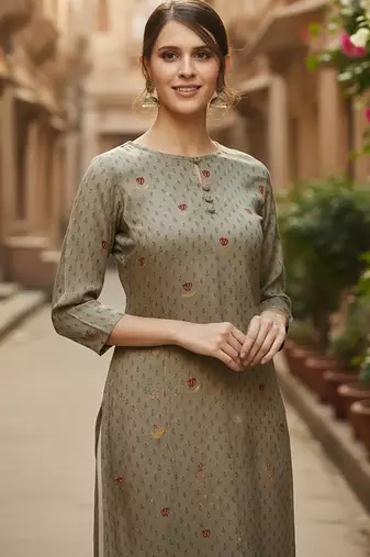 Women olive viscose rayon solid printed straight kurta
