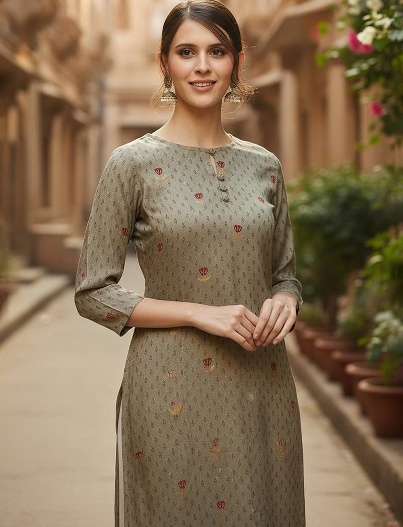 Women olive viscose rayon solid printed straight kurta