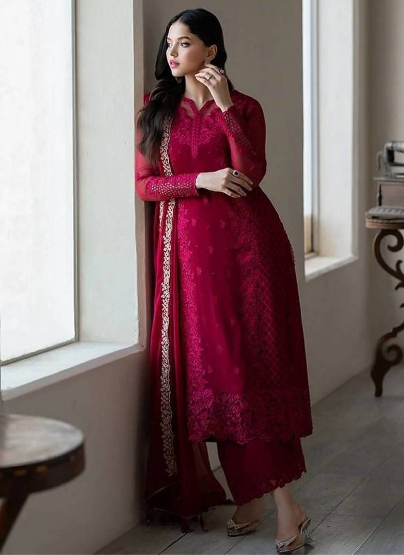 Pink Color Georgette Fabric Heavy Partywear Palazzo Dress