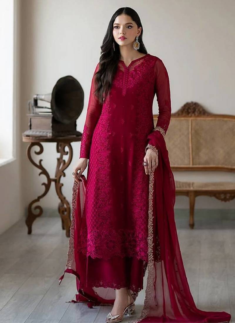 Pink Color Georgette Fabric Heavy Partywear Palazzo Dress