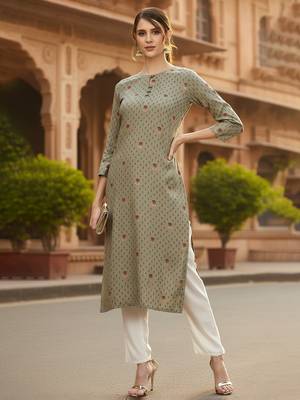 Women olive viscose rayon solid printed straight kurta 4
