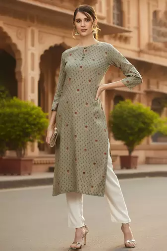 Women olive viscose rayon solid printed straight kurta