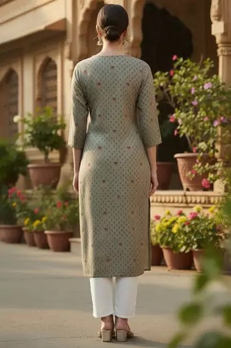 Women olive viscose rayon solid printed straight kurta