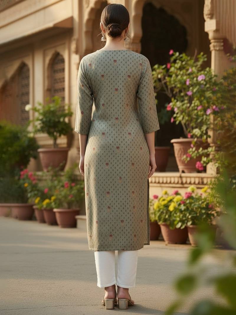 Women olive viscose rayon solid printed straight kurta