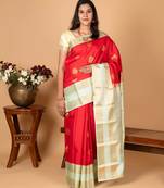 Chilli red and pastel green korvai pure silk saree
