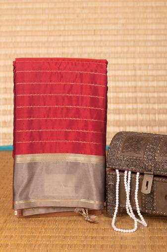 Maroon and graphite grey striped soft silk saree