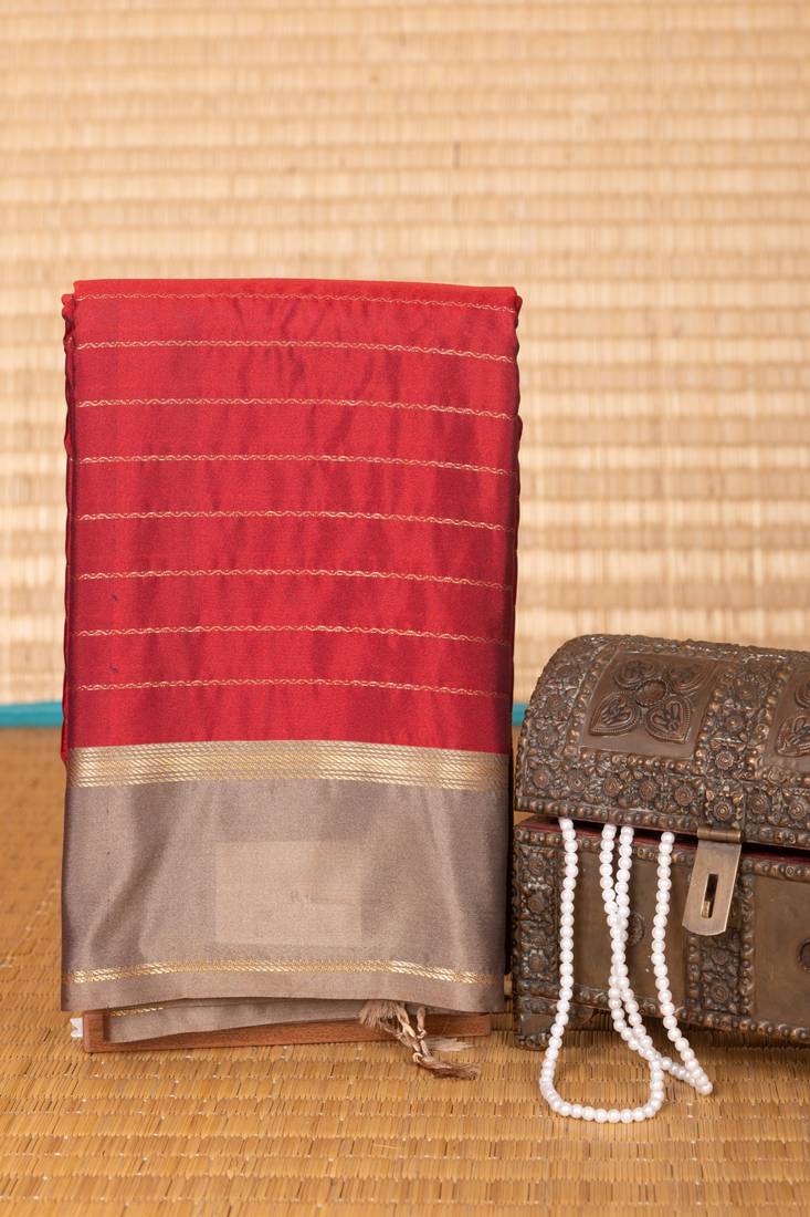 Maroon and graphite grey striped soft silk saree