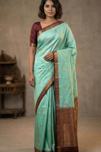 Seafoam green and garnet maroon small border semi silk saree