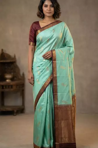 Seafoam green and garnet maroon small border semi silk saree