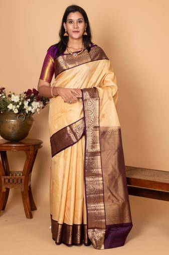 Off white and plum purple traditional kanjivaram pure silk saree