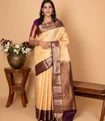 Off white and plum purple traditional kanjivaram pure silk saree