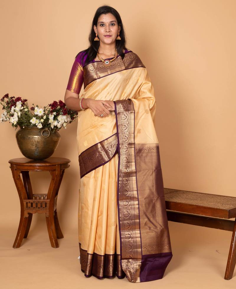 Off white and plum purple traditional kanjivaram pure silk saree