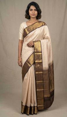 Champagne pink and pakku striped pure touch silk saree 1