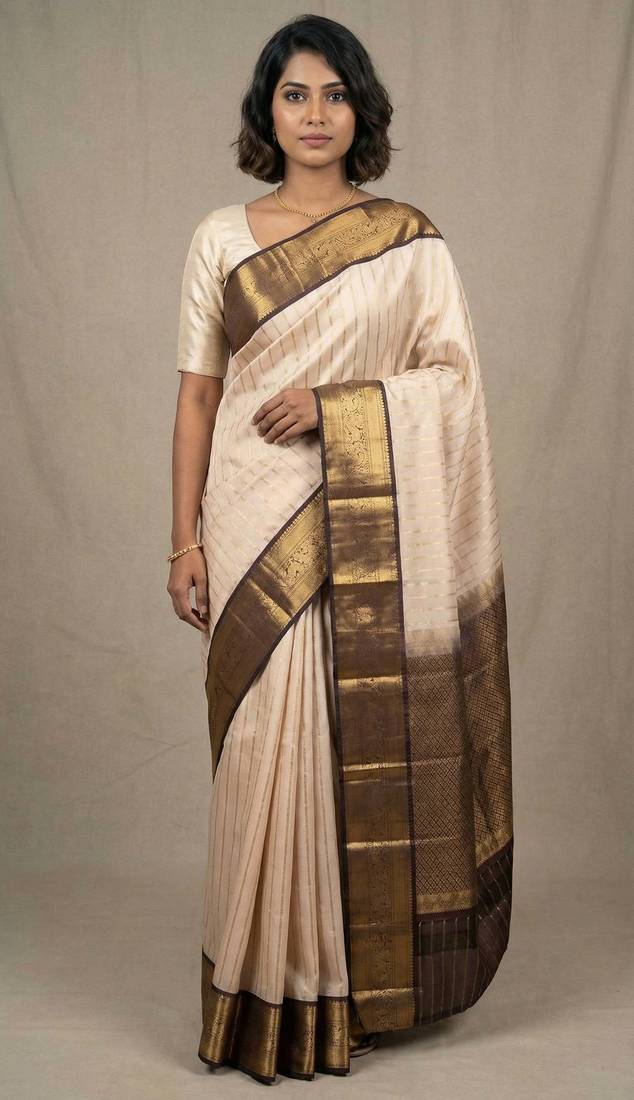 Champagne pink and pakku striped pure touch silk saree