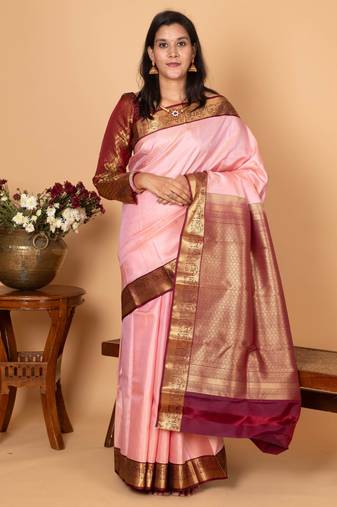 Pastel rose and maroon pure kanjivaram silk saree