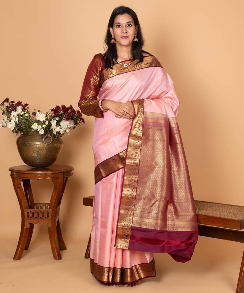 Pastel rose and maroon pure kanjivaram silk saree