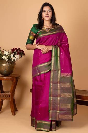 Orchid purple and dual tone green pure kanjivaram silk saree