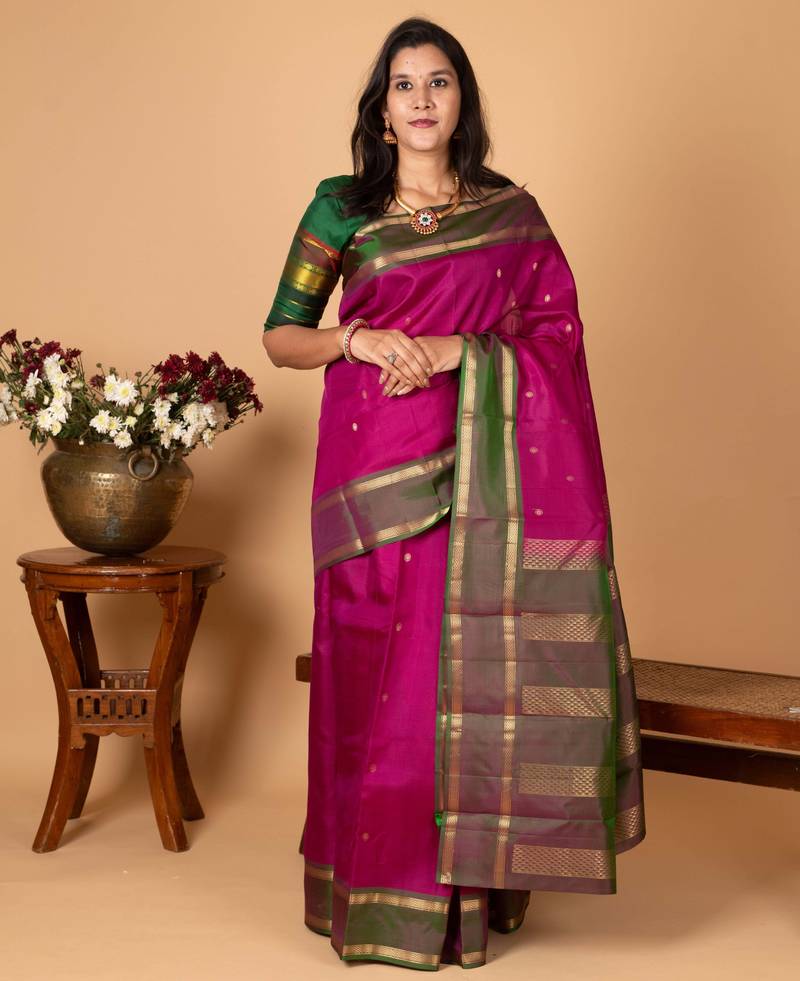 Orchid purple and dual tone green pure kanjivaram silk saree