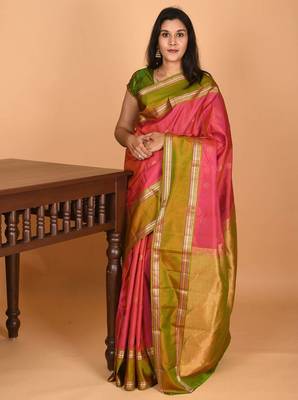 Dual tone pink and dual tone green retta patta border pure kanchi silk saree 1