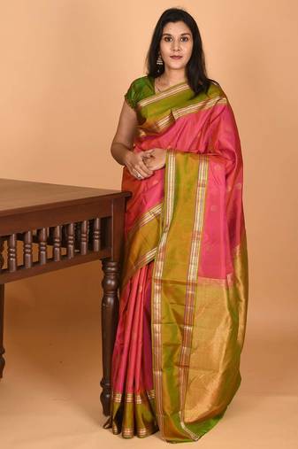 Dual tone pink and dual tone green retta patta border pure kanchi silk saree