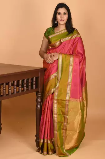 Dual tone pink and dual tone green retta patta border pure kanchi silk saree