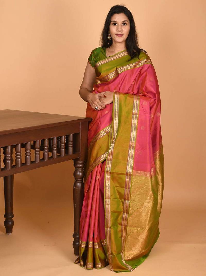 Dual tone pink and dual tone green retta patta border pure kanchi silk saree