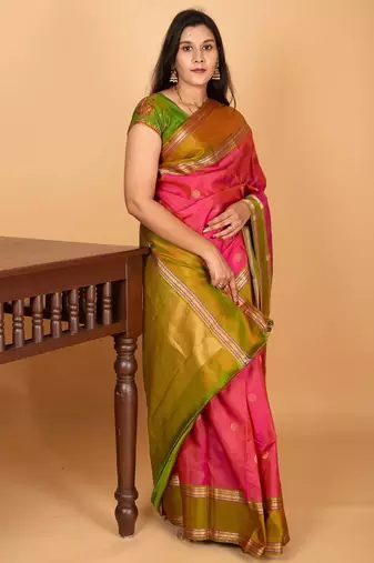 Dual tone pink and dual tone green retta patta border kanchi silk saree with blouse