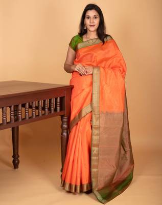 Coral orange and dual tone green zero zari pure kanchi silk saree 1