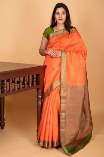 Coral orange and dual tone green zero zari pure kanchi silk saree