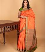 Coral orange and dual tone green zero zari pure kanchi silk saree
