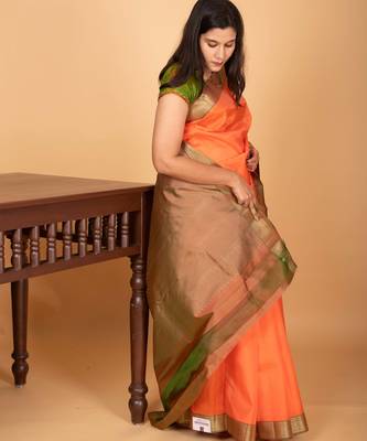 Coral orange and dual tone green zero zari pure kanchi silk saree 3