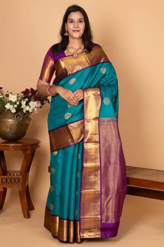 Teal green and purple pure kanchi silk saree