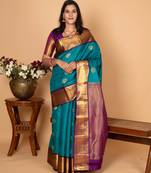 Teal green and purple pure kanchi silk saree