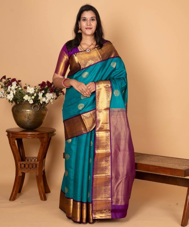 Teal green and purple pure kanchi silk saree